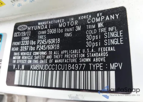 2012 Hyundai Veracruz Limited z USA, uszkodzony, nr VIN KM8NUDCC1CU184977